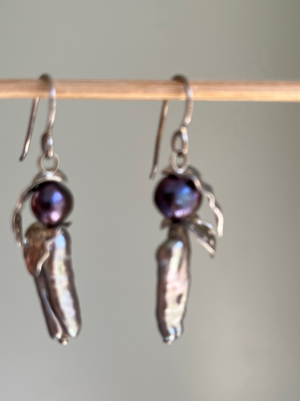 Blue Pearl and Iridescent Gray Drop Earrings
